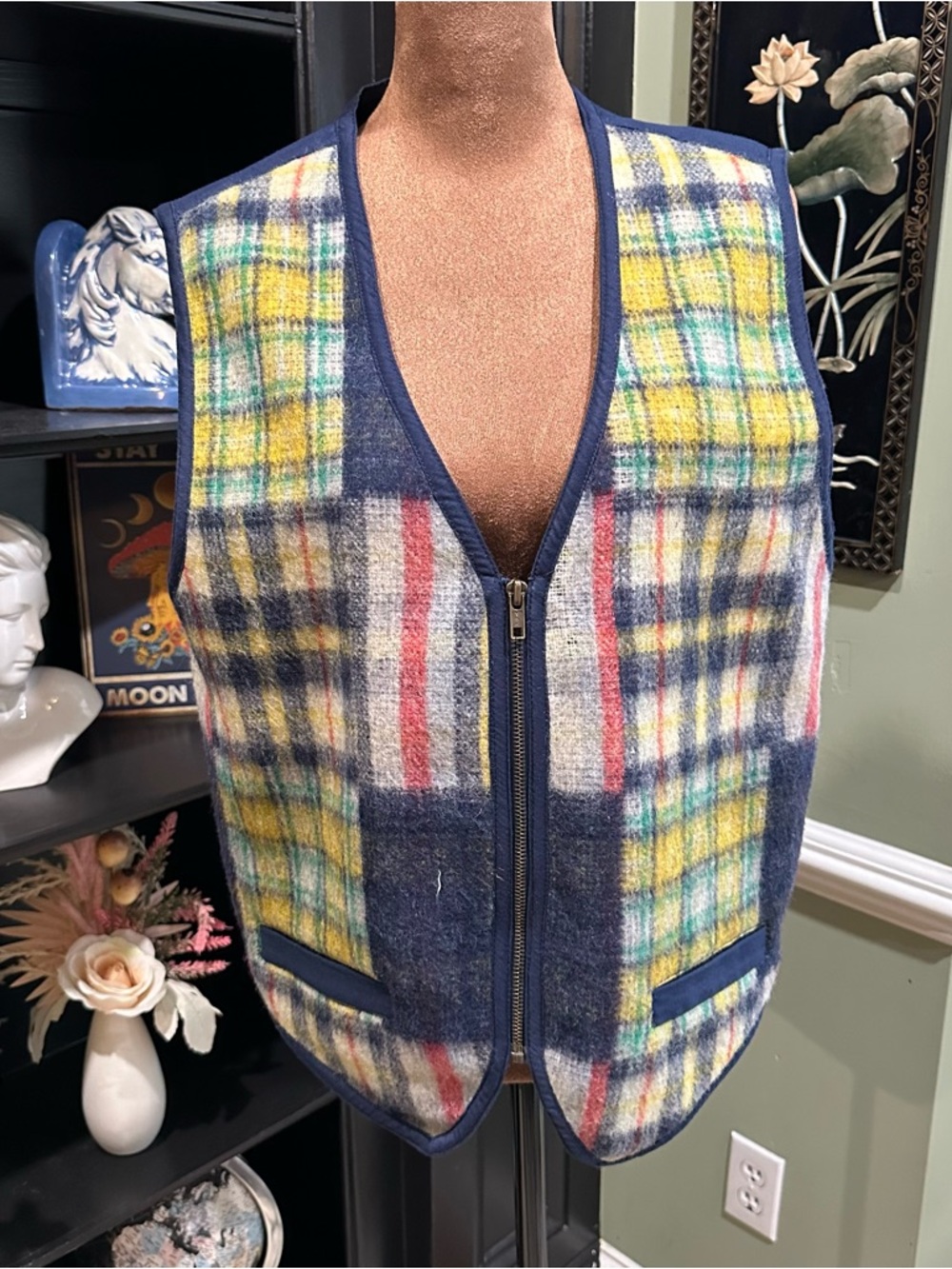 Vintage Vision 1 Wool Plaid Zip‑Front Vest – Blue Trim – Size Medium
